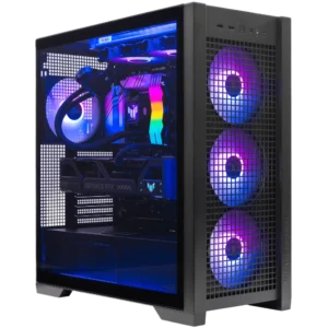 ASUS TUF Gaming GT302 ARGB case with blue and purple RGB lighting, featuring front mesh panel, ARGB fans, a liquid CPU cooler, and a GeForce RTX graphics card.