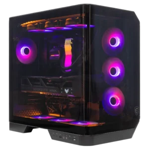 MSI gaming PC with panoramic glass, illuminated by vibrant multi-color RGB lighting on internal components.