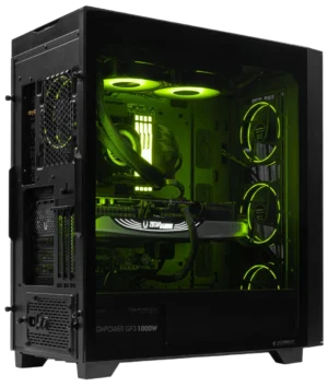 AORUS C500 gaming PC case with green RGB lighting and side view of high-performance components