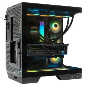 Open side view of an MSI MAG PANO gaming PC with RGB components.