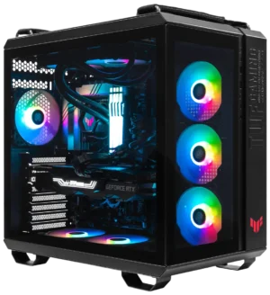 ASUS TUF GT502 gaming PC case with rainbow RGB fans and dual-chamber interior