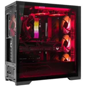 ASUS TUF Gaming GT302 ARGB mid-tower case with a red RGB themed build, showcasing a GeForce RTX graphics card and front ARGB fans through the tempered glass panel.