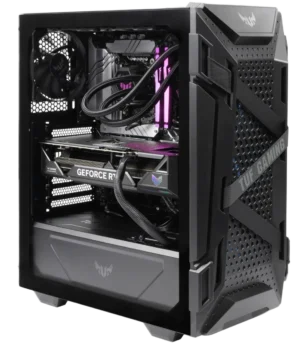 ASUS TUF Gaming GT301 mid-tower case with water cooling, GeForce RTX graphics card, and purple RGB RAM lighting, viewed from the side with tempered glass panel.