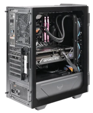 Rear-side interior view of ASUS TUF Gaming GT301 showing water cooling, GeForce RTX graphics card, pink RGB RAM, and rear I/O panel.