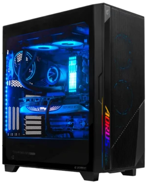 AORUS C500 gaming PC case with RGB lighting and side panel view showcasing internal components