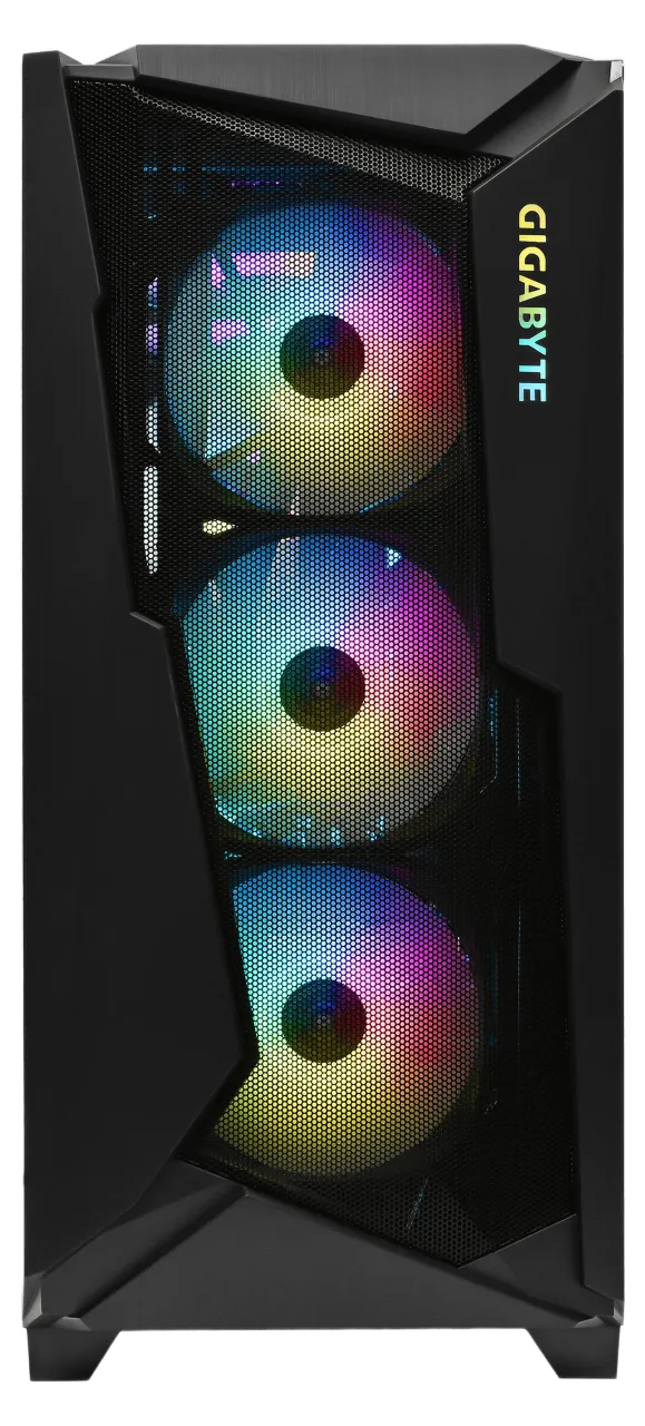 Front view of GIGABYTE C301 case with triple RGB intake fans and mesh airflow panel.