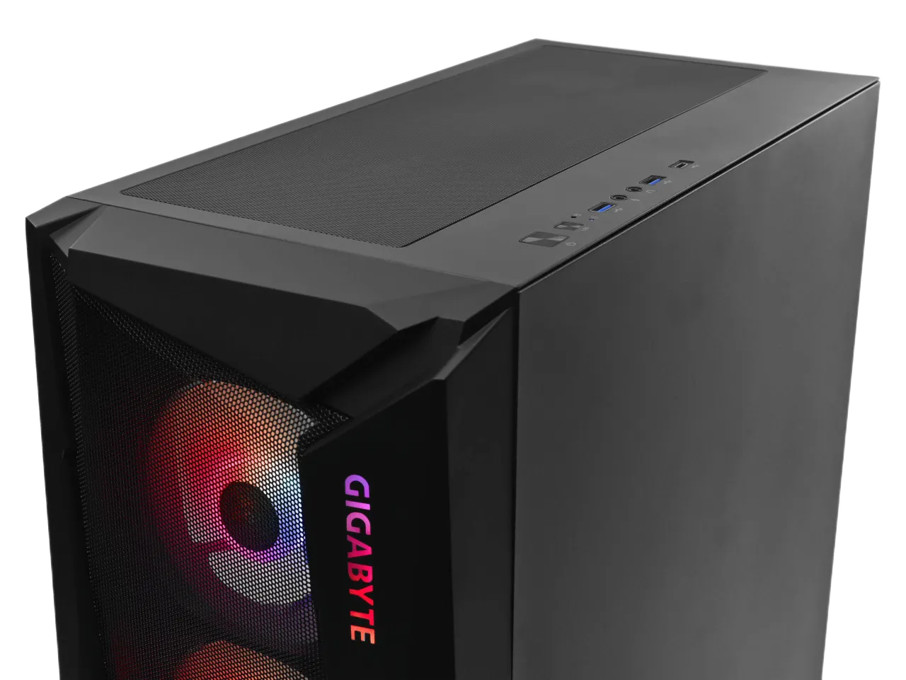 Top I/O panel of GIGABYTE C301 gaming PC case with USB ports and mesh ventilation.