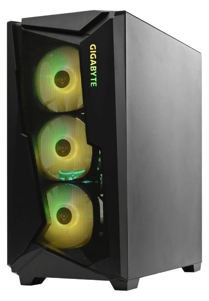 Side angle of GIGABYTE C301 gaming case with RGB fans and matte black exterior.