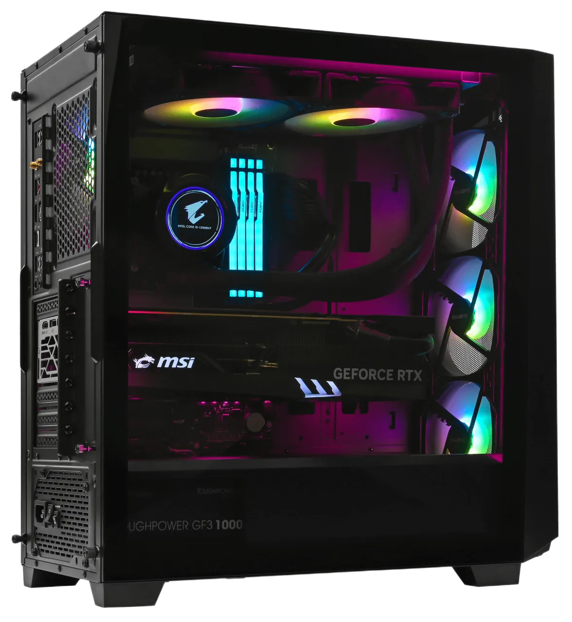 Interior view of high-performance GIGABYTE C301 gaming PC with liquid cooling and GeForce RTX GPU.