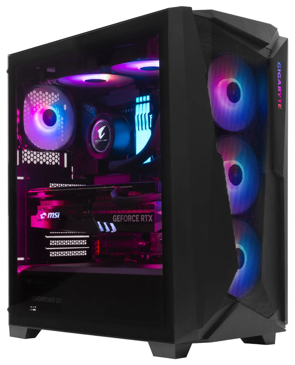 Gigabyte C301 gaming PC with RGB fans and MSI GeForce RTX graphics card.