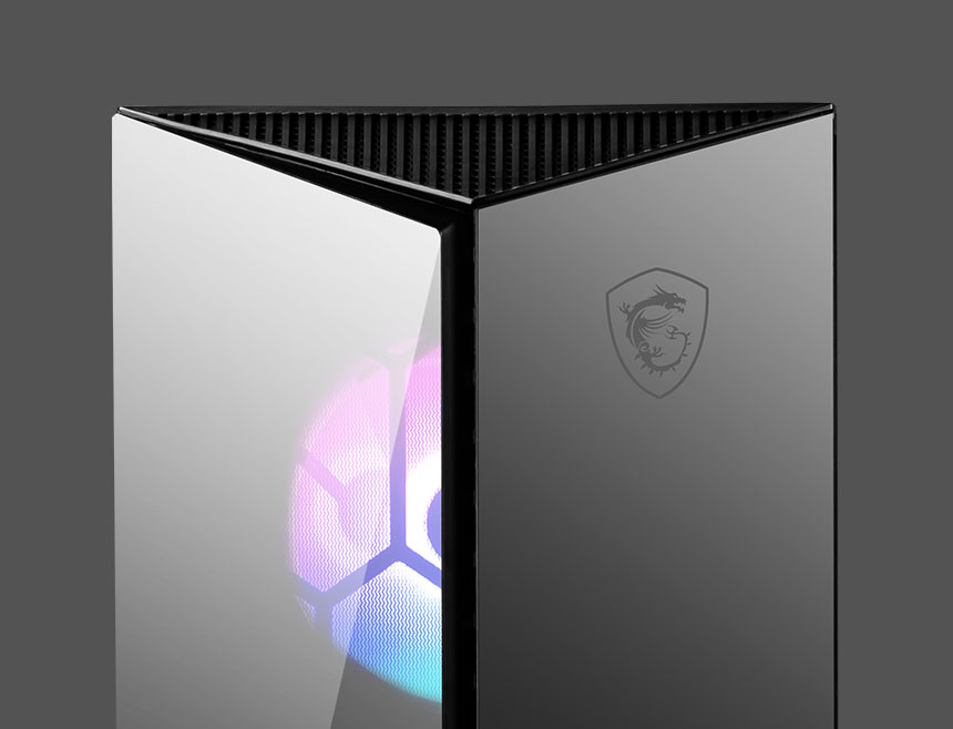 Close-up of MSI GUNGNIR 110R front panel with dragon logo and RGB fan.