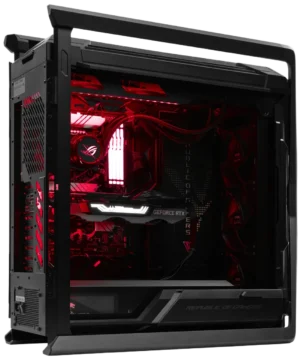 ASUS ROG Hyperion GR701 PC interior with red RGB, ROG AIO, and GeForce RTX GPU