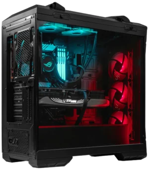 ASUS TUF GT501 gaming PC build with blue and red RGB lighting and tempered glass panel