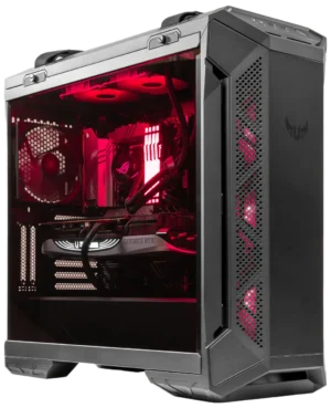ASUS TUF GT501 PC case with tempered glass panel and red RGB interior lighting