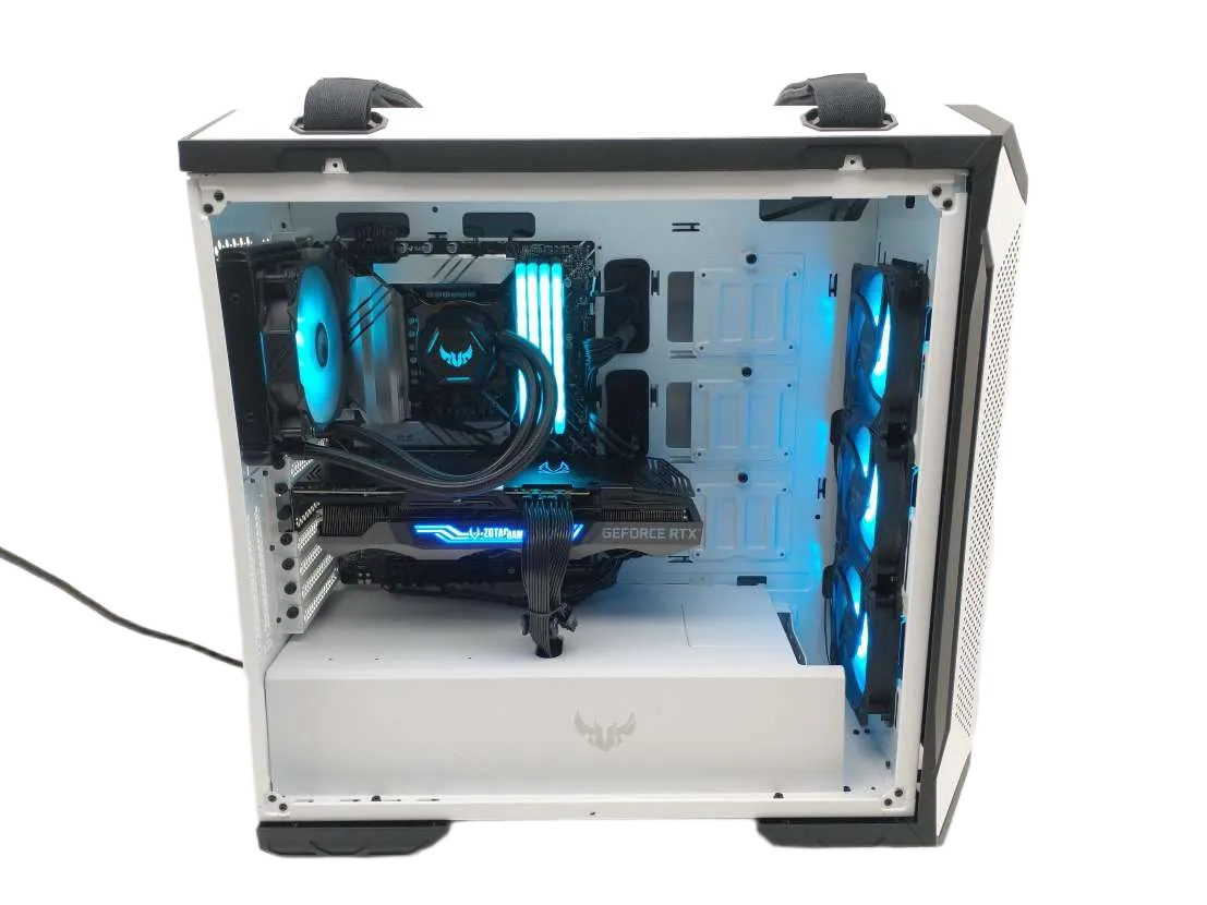 ASUS TUF GT501 White Edition gaming build with RGB lighting and Zotac RTX GPU