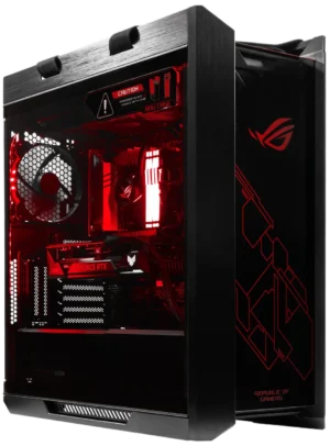 ASUS ROG Strix Helios GX601 gaming PC case with red RGB lighting, showcasing internal components through the tempered glass side panel.