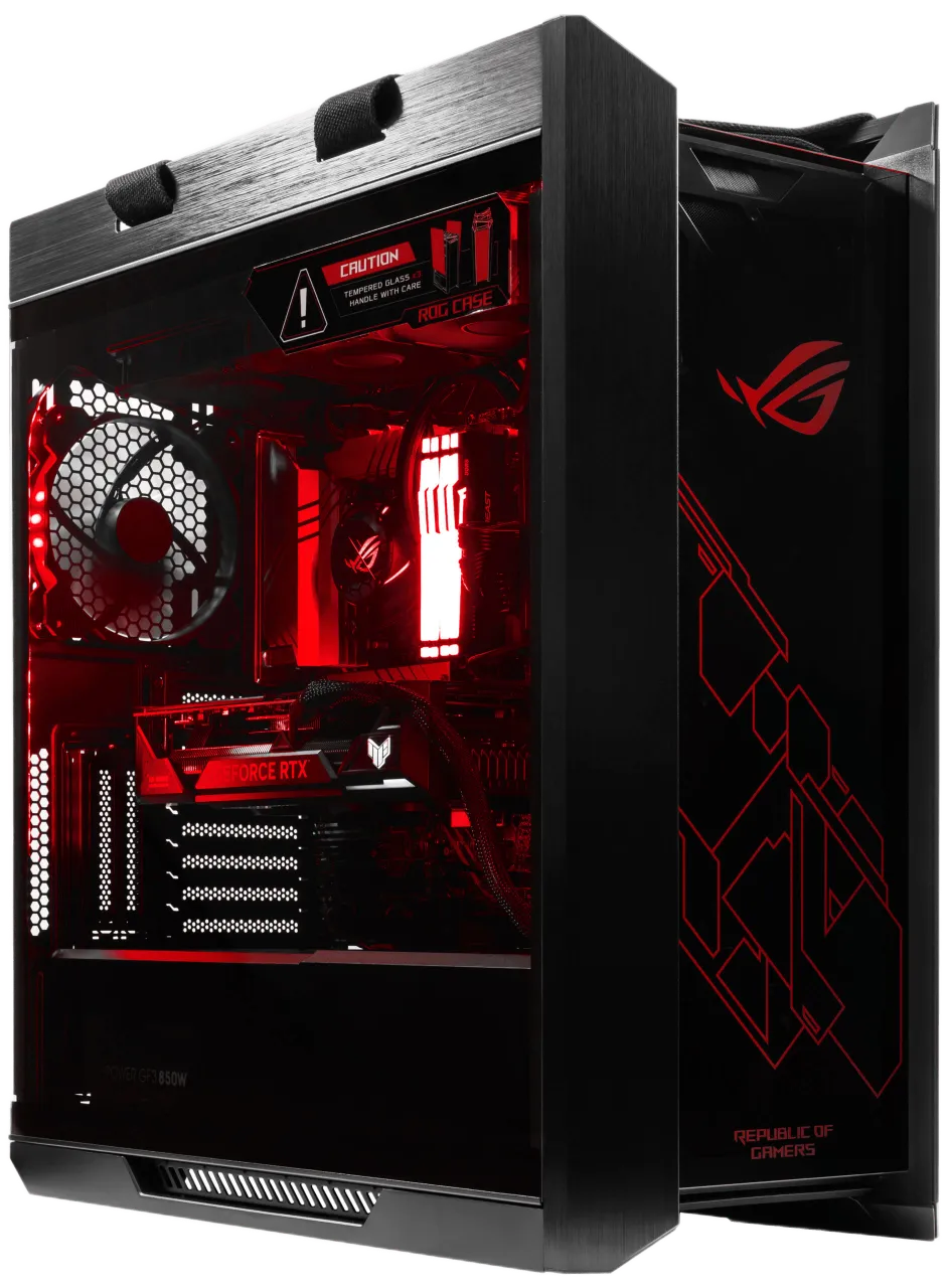 ASUS ROG Strix Helios GX601 gaming PC case with red RGB lighting, showcasing internal components through the tempered glass side panel.