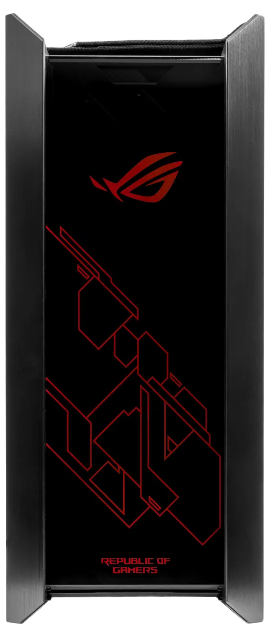 Front view of the ASUS ROG Strix Helios GX601 gaming PC case featuring the iconic ROG logo and Aura Sync RGB lighting.