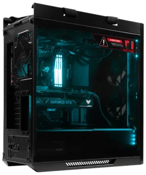 ASUS ROG Strix Helios GX601 gaming PC with cyan blue RGB lighting, revealing liquid cooling system and GeForce RTX graphics card.
