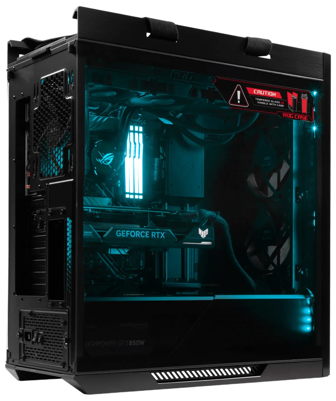 ASUS ROG Strix Helios GX601 gaming PC with cyan blue RGB lighting, revealing liquid cooling system and GeForce RTX graphics card.