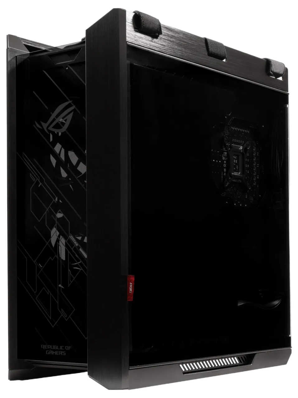 Angled side view of the ASUS ROG Strix Helios GX601 case, highlighting its smoked tempered glass side panel and brushed aluminum frame.