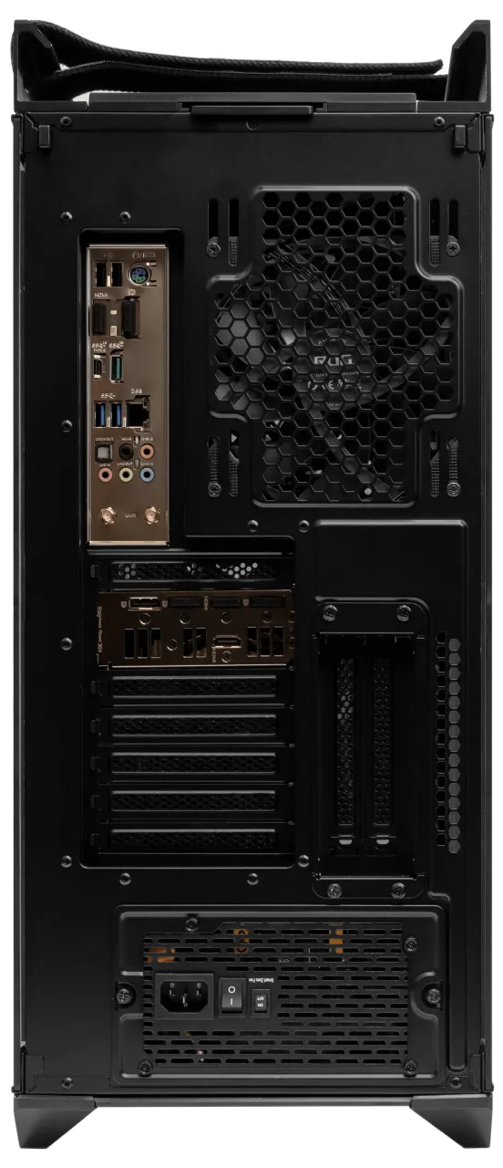 Rear view of a fully assembled ASUS ROG Strix Helios GX601 gaming PC, showing motherboard I/O, expansion slots, and PSU bay.