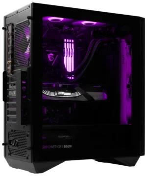 Interior view of an MSI MPG GUNGNIR 110R mid-tower case with purple RGB lighting showcasing a ZOTAC Gaming graphics card and RGB RAM.