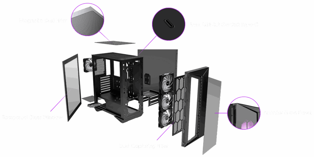 Exploded view of MSI GUNGNIR 110R case with labeled features.