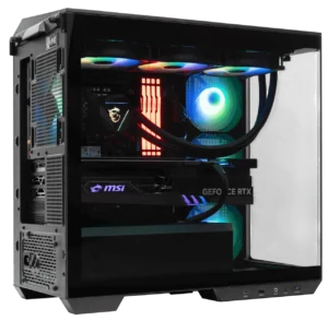 MSI MAG Pano M100R PC interior showcasing top-mounted radiator and MSI GPU