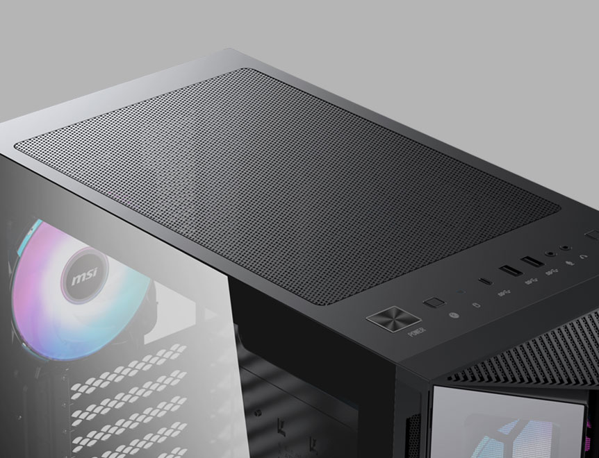 MSI MPG GUNGNIR 110R top I/O panel with mesh ventilation and USB ports.