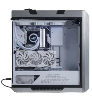 Interior side view of an ASUS ROG Strix Helios GX601 White Edition gaming PC, showcasing an all-white build with a ROG graphics card and AIO cooler.
