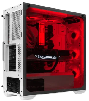 High-performance gaming PC with red LED lighting and ZOTAC GeForce RTX GPU in a white Cooler Master TD500 case.