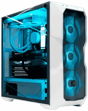 White Cooler Master TD500 Mesh V2 gaming PC case with three front RGB fans and tempered glass side panel