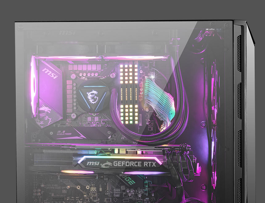 Interior of MSI GUNGNIR 110R showing RGB-lit components and cooling setup.