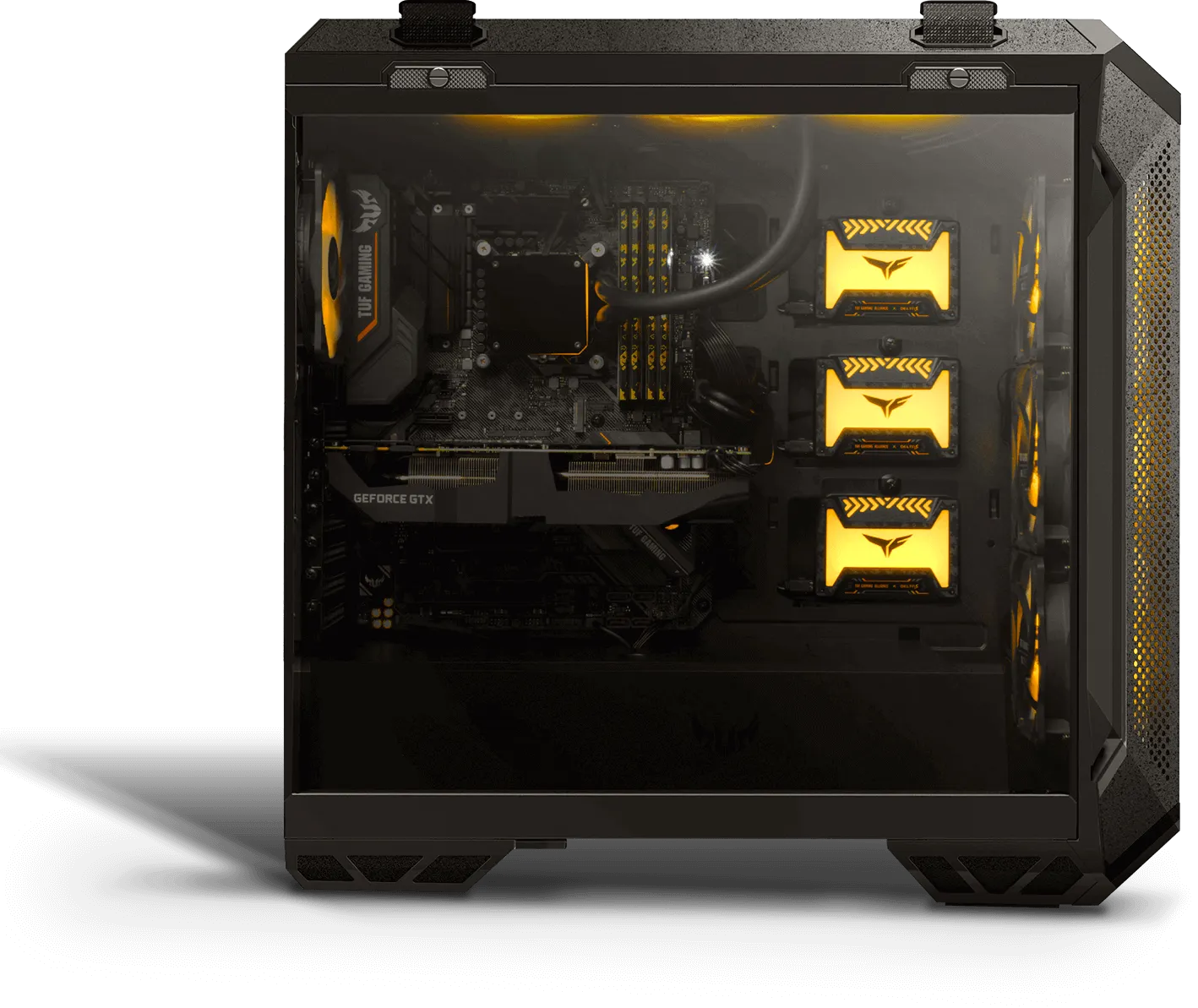 Fully built ASUS TUF GT501 gaming PC with yellow RGB lighting